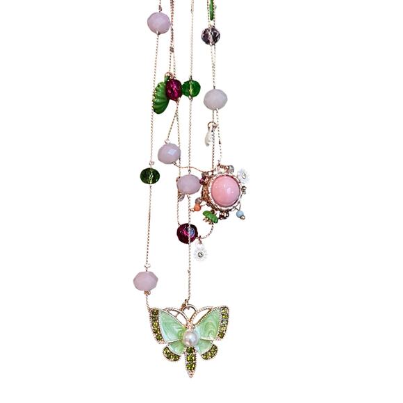 Betsey Johnson Multi Chain Butterfly Flower Necklace Layered Pink Beads Crystals - Picture 1 of 3